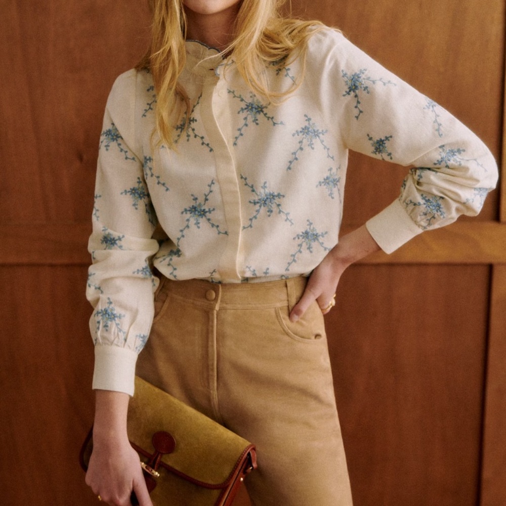 Sezane Cream and Blue Floral Top